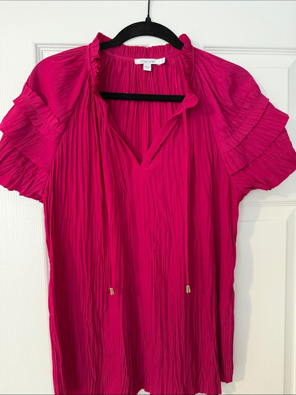 Chico's Hot Pink Pleated Ruffle Sleeve V-Neck Blouse